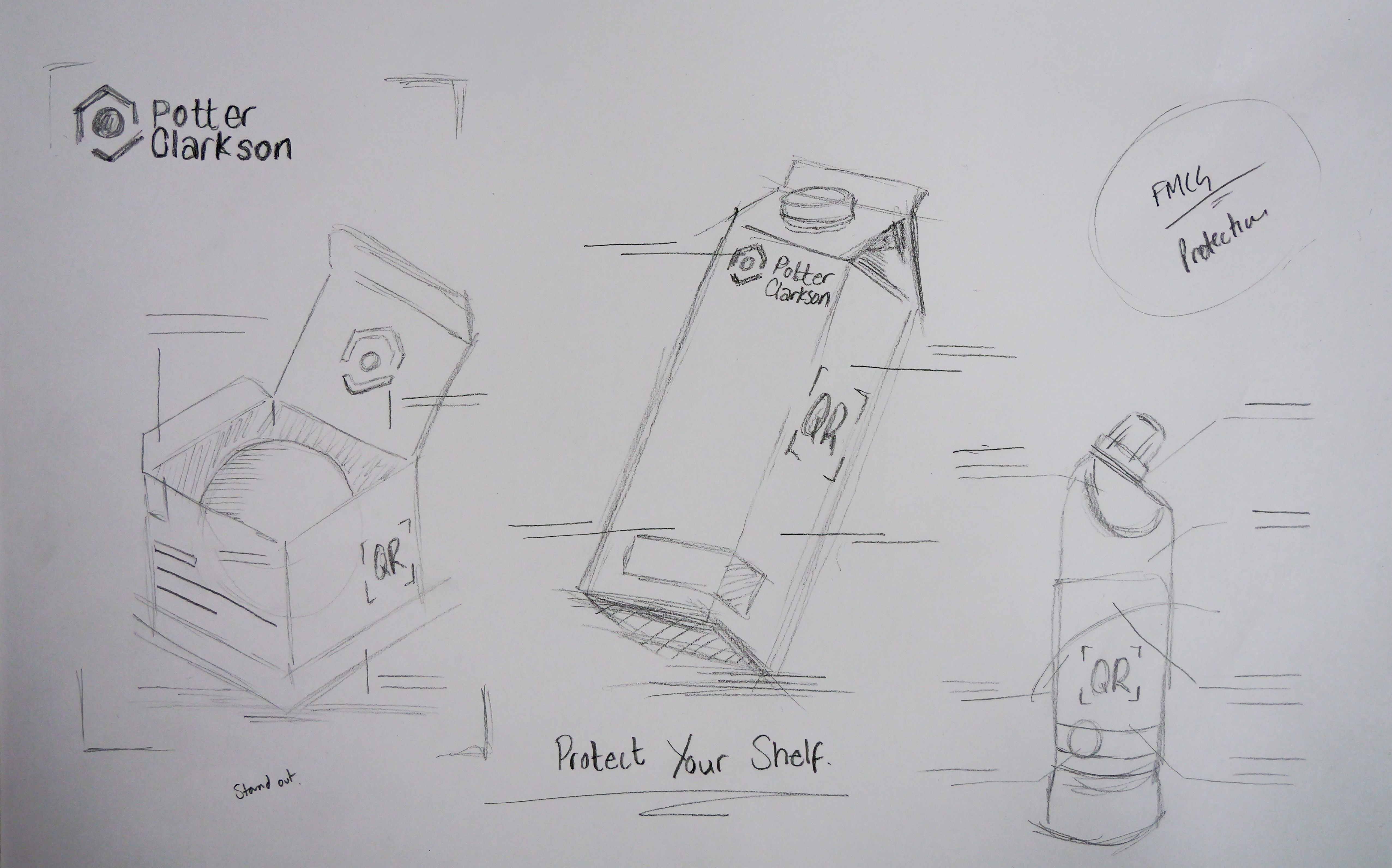 sketches showing carton, box and bleach bottle with annotations for creative concepts potter clarkson