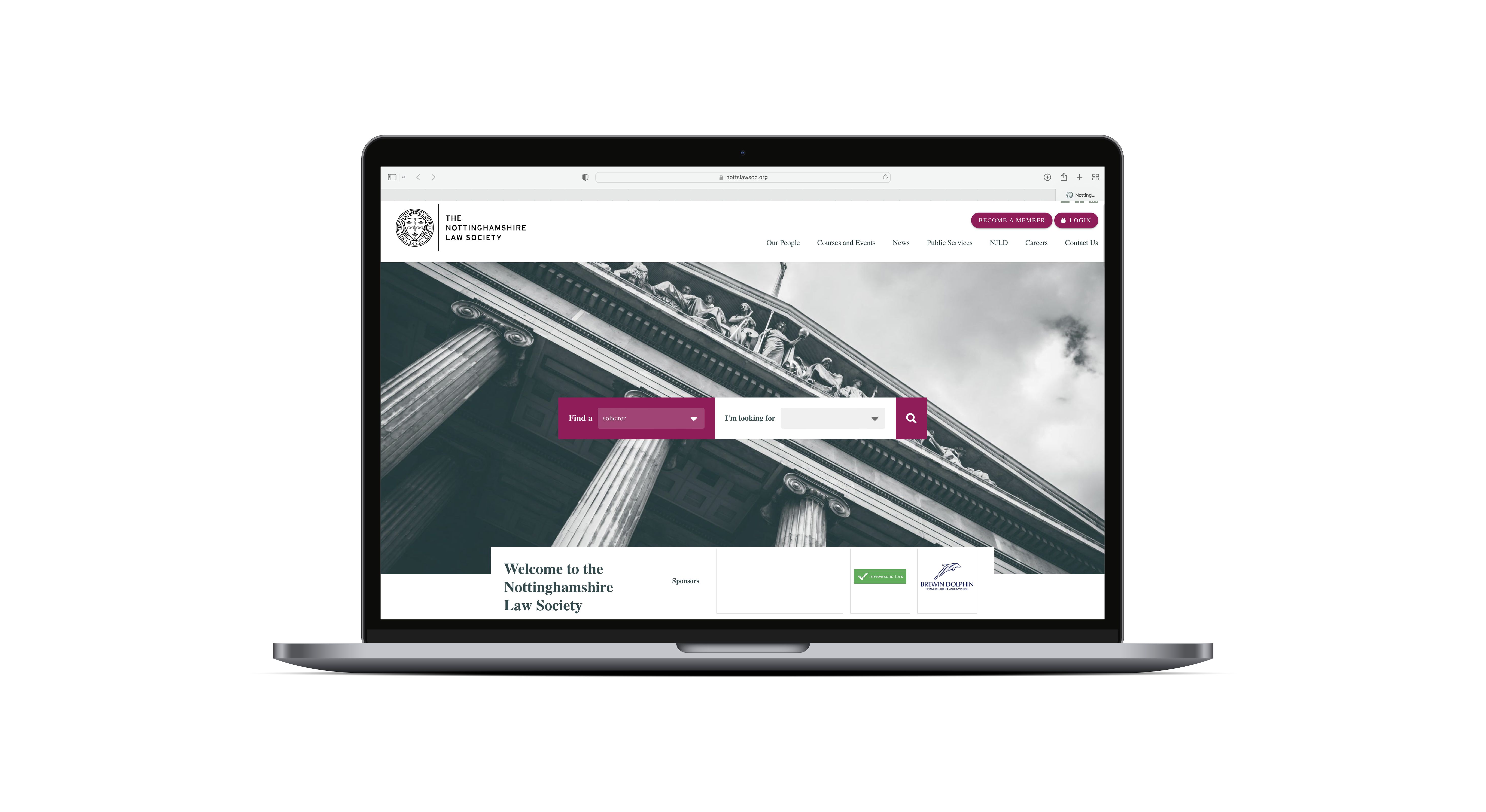 Nottinghamshire Law Society web design homepage shown on laptop screen