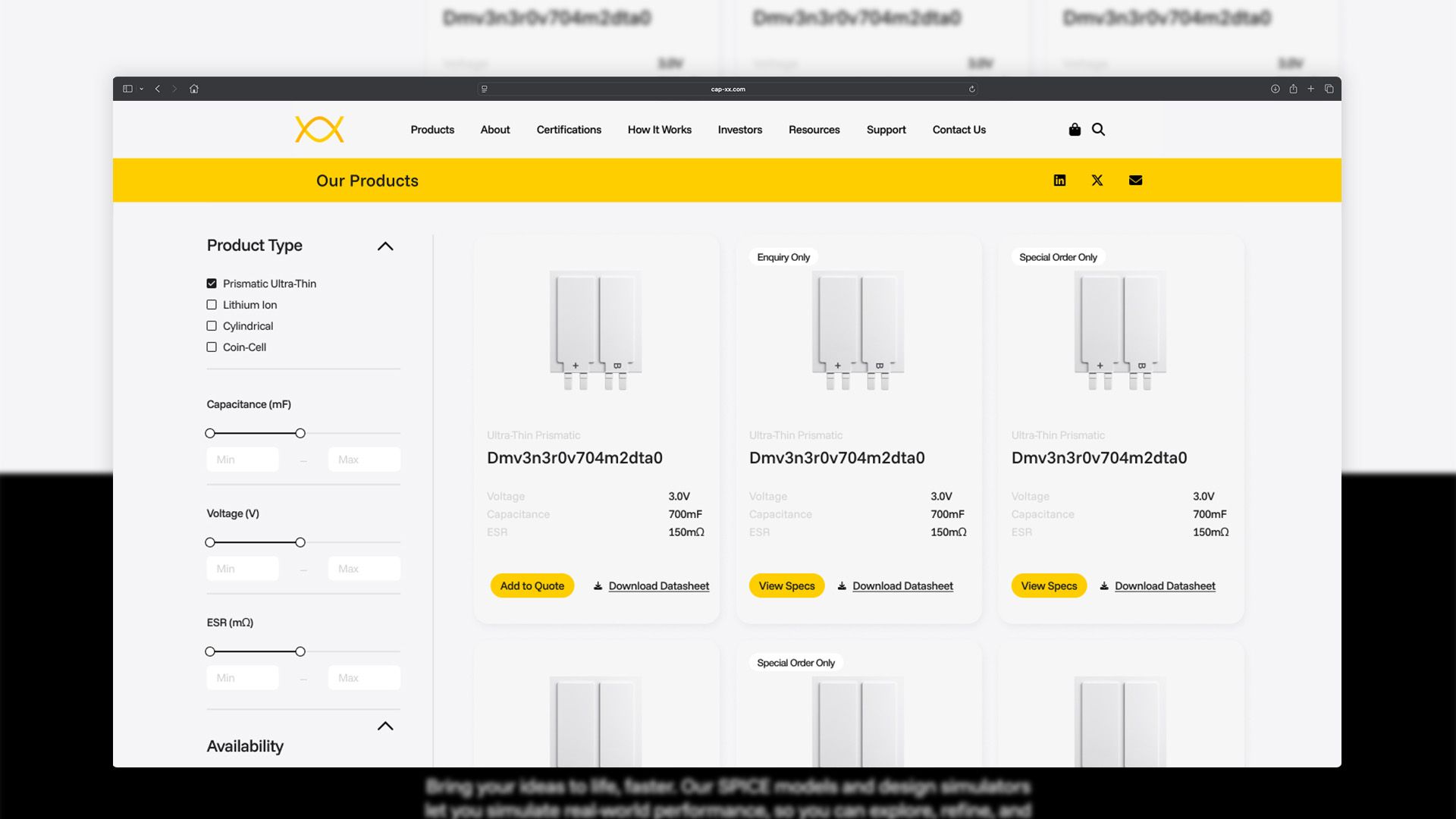 Screenshot of product catalog page